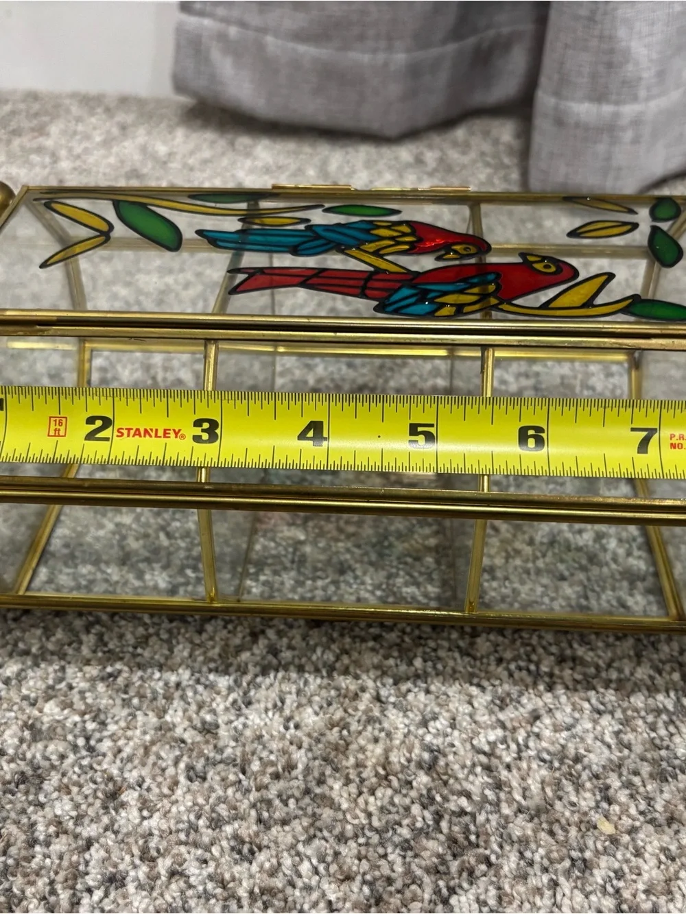 Vintage Brass Hexagonal Glass Curio Cabinet With Stained Glass Parrots